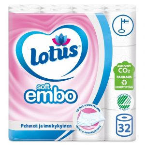 WC-PAPERI EMBO 32RLL Hellävarainen Lotus Soft Embo auttaa pitämään herkimmänkin ihon hyvinvoivana ja puhtaana. Paperin laadussa yhdistyvät paperin pehmeys ja vahvuus, jotka takaavat tuotteen hygieenisen ja miellyttävän käytön.