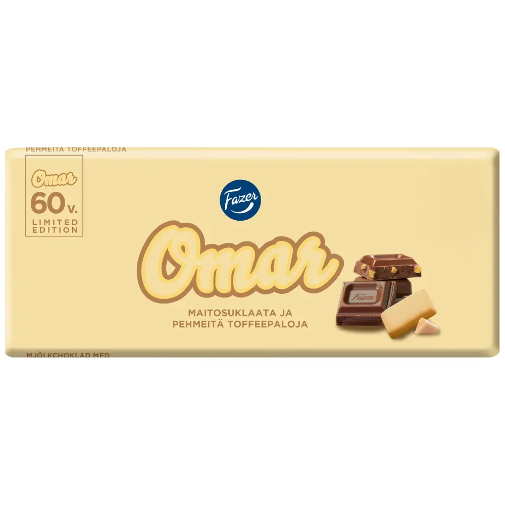 FAZER OMAR MAITOSUKLAALEVY PEHMEITÄ TOFFEEPALOJA 180G