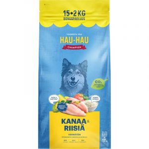 HAU HAU CHAMPION KANAA JA RIISIÄ AIKUISILLE KOIRILLE 15+2KG KANA-RIISI