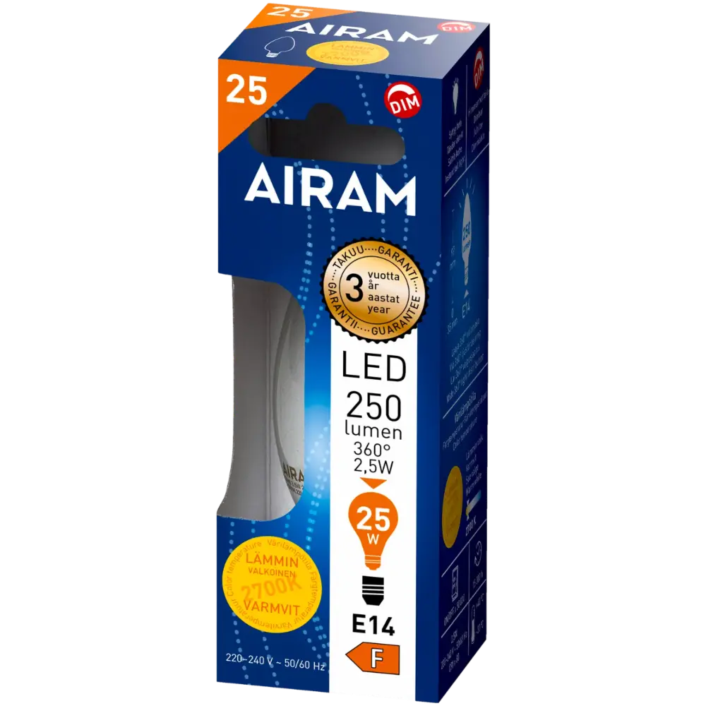 AIRAM ONNI LED-KYNTTILÄLAMPPU E14KIRKAS2700K250LM HIMMENNETTÄVÄ3,5W