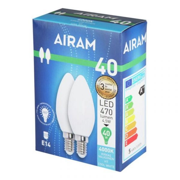 AIRAM LED-KYNTTILÄLAMPPU 4,5 W E14 4000 K 2 KPL