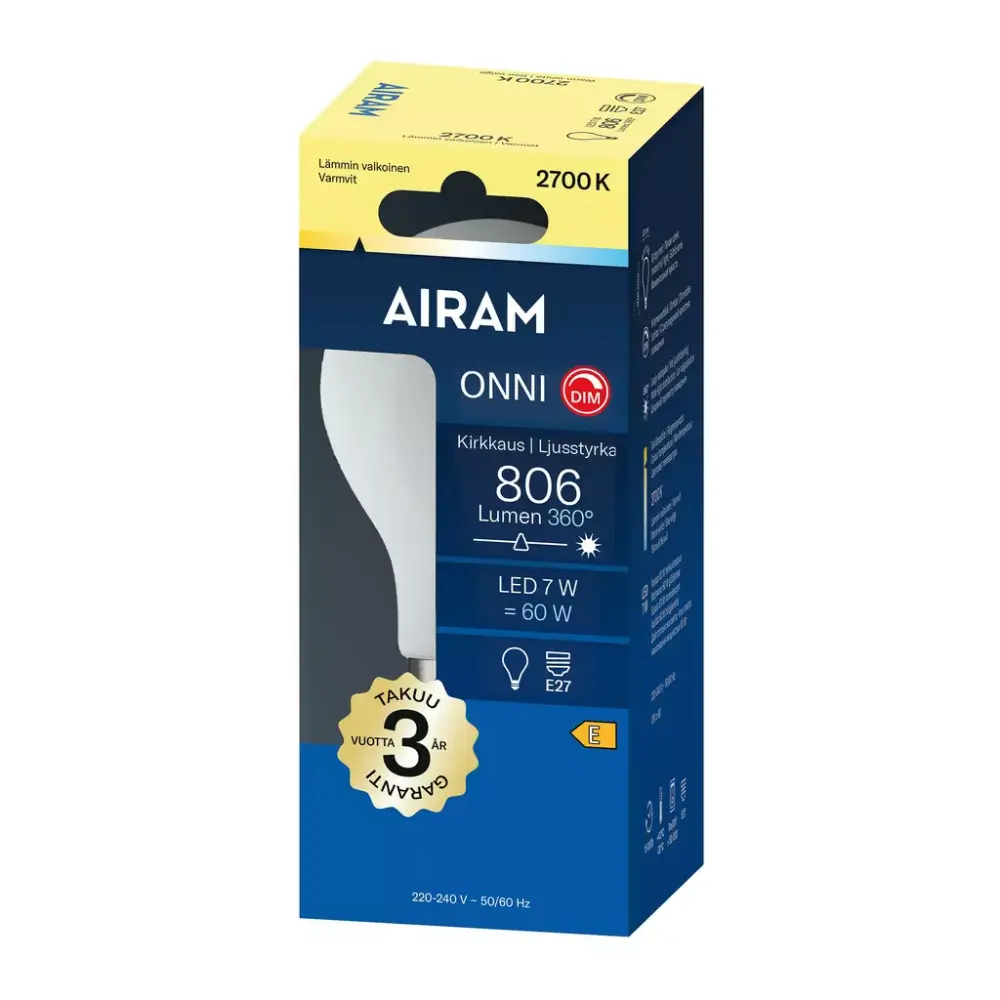 AIRAM ONNI LED-LAMPPU OPAALI360VAKIOKUPU806LM2700K E27HIMMENETTÄVÄ