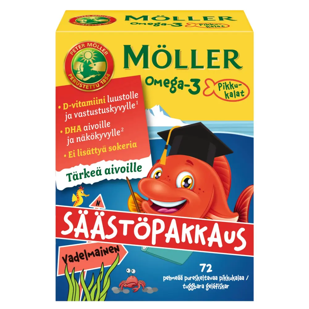 MÖLLER OMEGA-3 PIKKUKALAT VADELMA PEHMEÄPURESKELTAVA72KPL