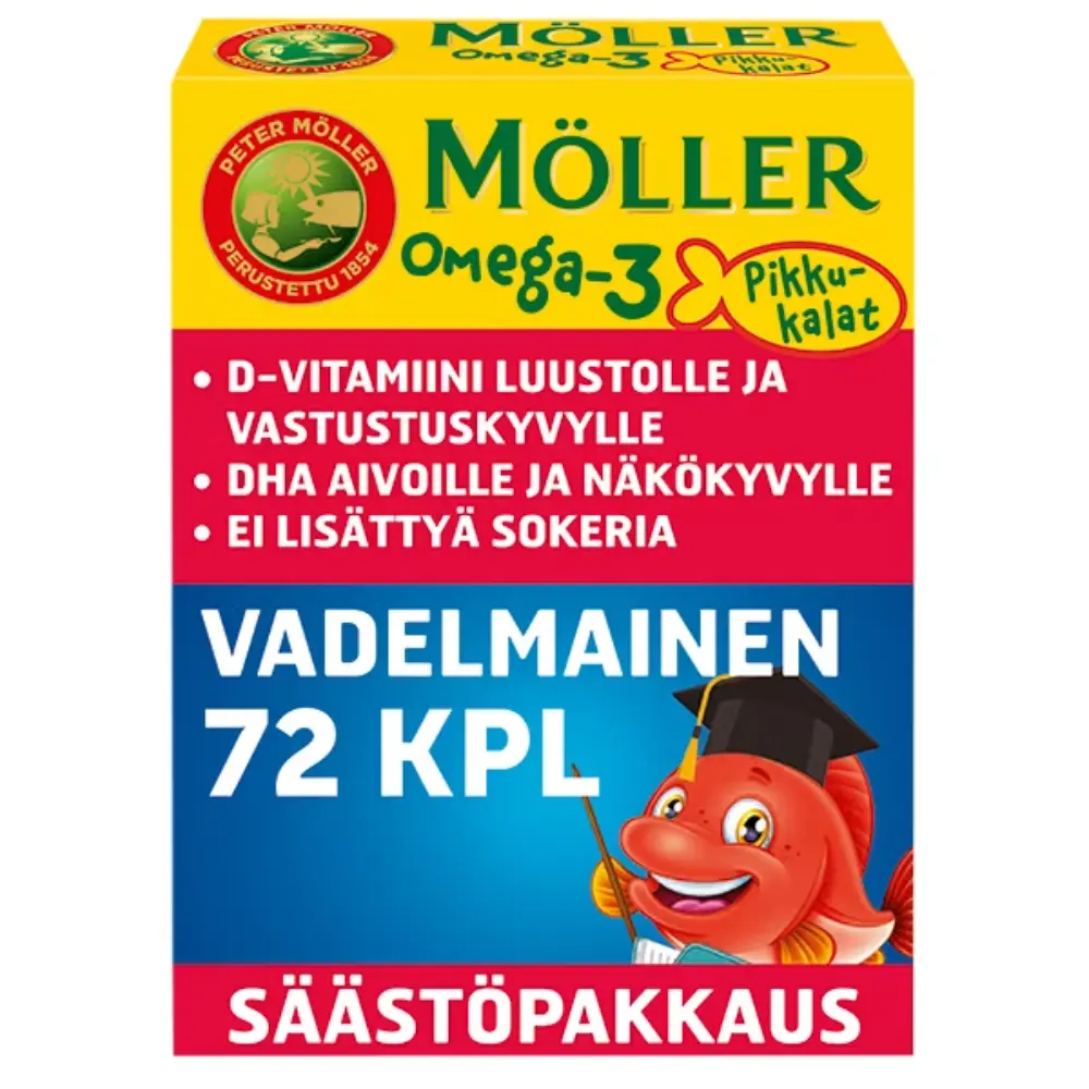 MÖLLER OMEGA-3 PIKKUKALAT VADELMA PEHMEÄPURESKELTAVA72KPL