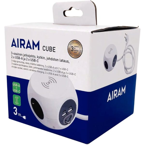 AIRAM CUBE 3-OS JATKOJOHTO KYTKIN 4USB,3M